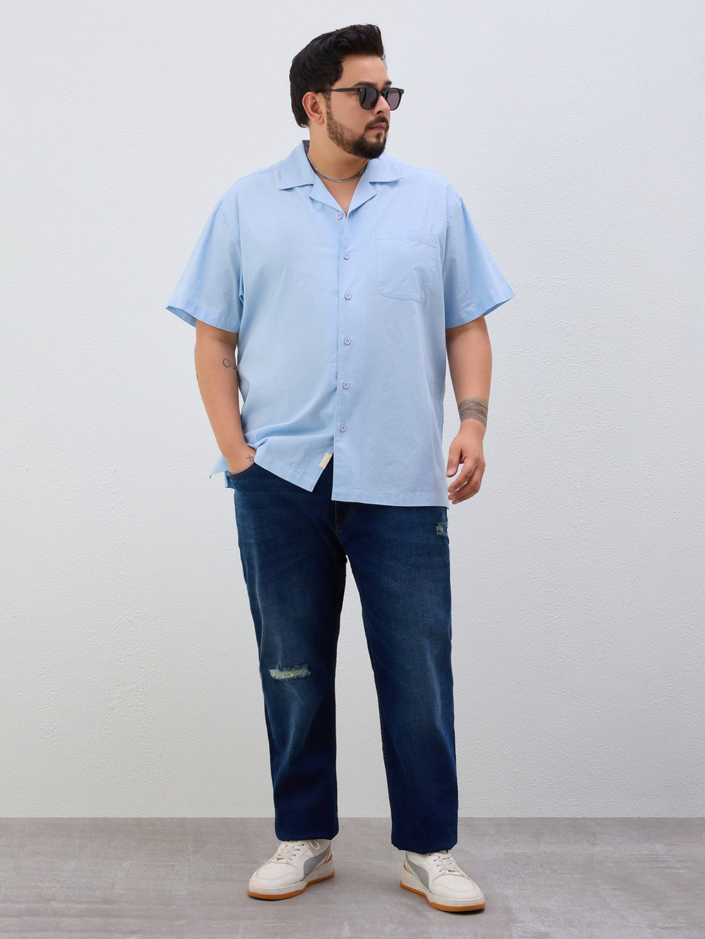 Plus Size Cotton Linen Regular Fit Smart Casual Shirt - Sky Blue