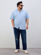 Plus Size Cotton Linen Regular Fit Smart Casual Shirt - Sky Blue