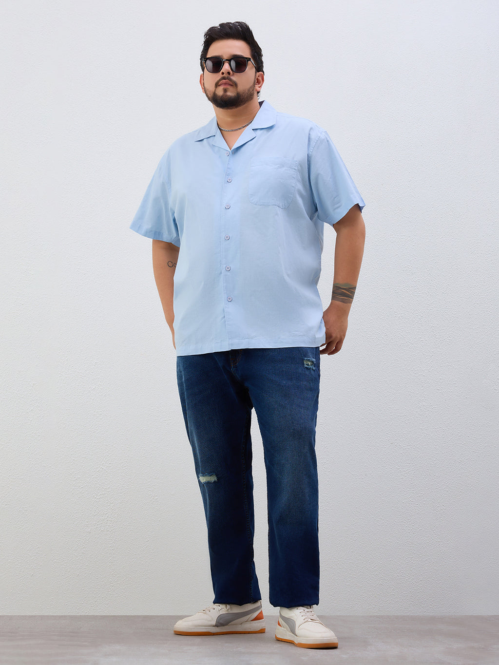 Plus Size Cotton Linen Regular Fit Smart Casual Shirt - Sky Blue
