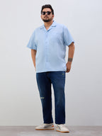 Plus Size Cotton Linen Regular Fit Smart Casual Shirt - Sky Blue