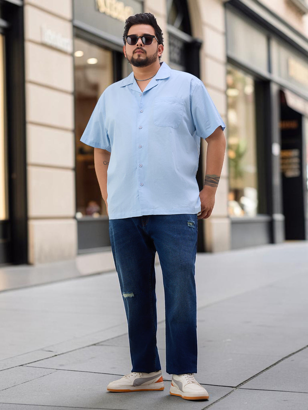 Plus Size Cotton Linen Regular Fit Smart Casual Shirt - Sky Blue