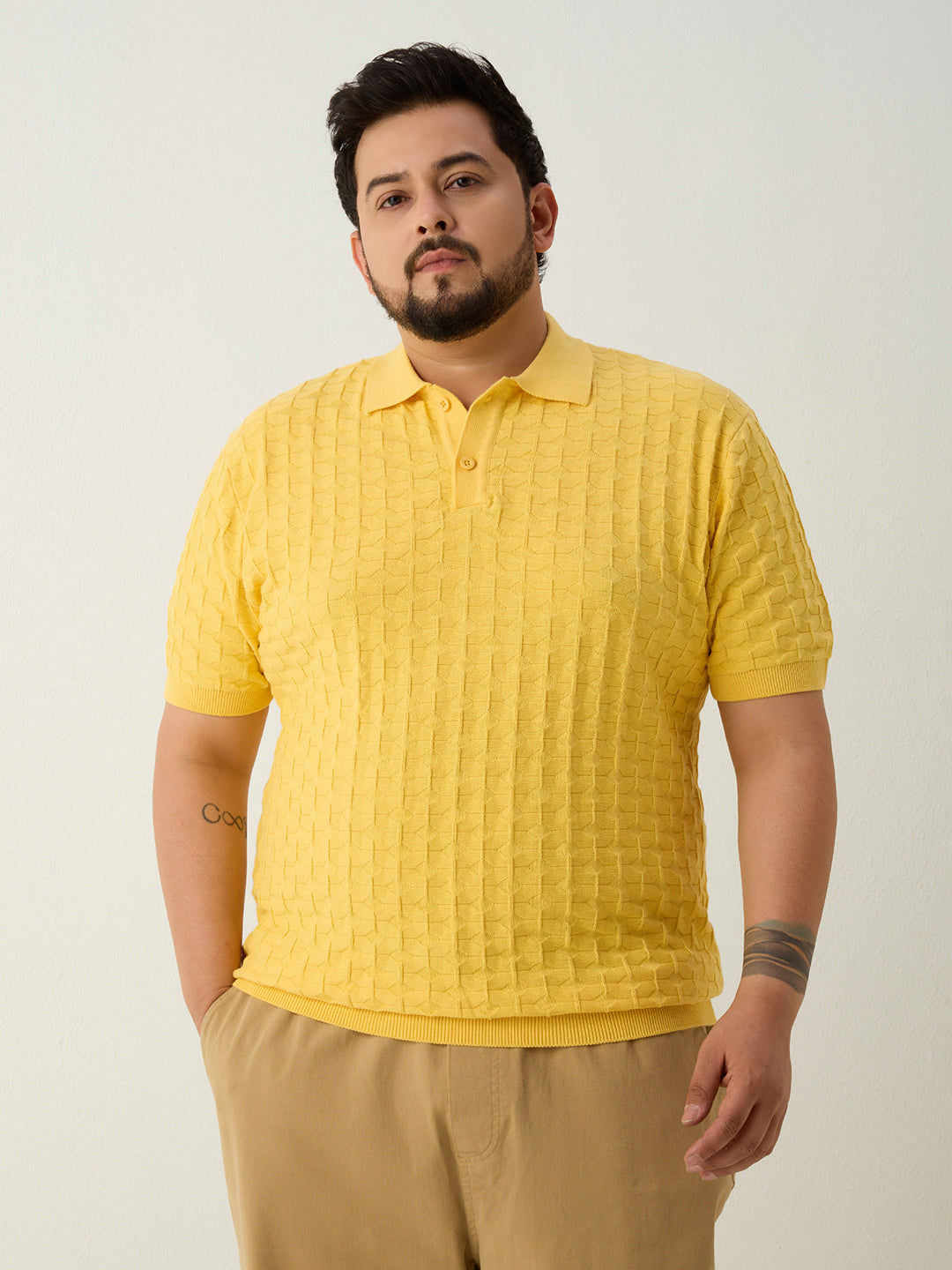 Flat Knit Half sleeve Polo Ribbed T Shirt - Yellow