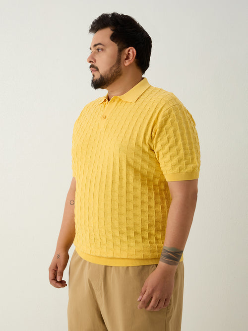 Flat Knit Half sleeve Polo Ribbed T Shirt - Yellow