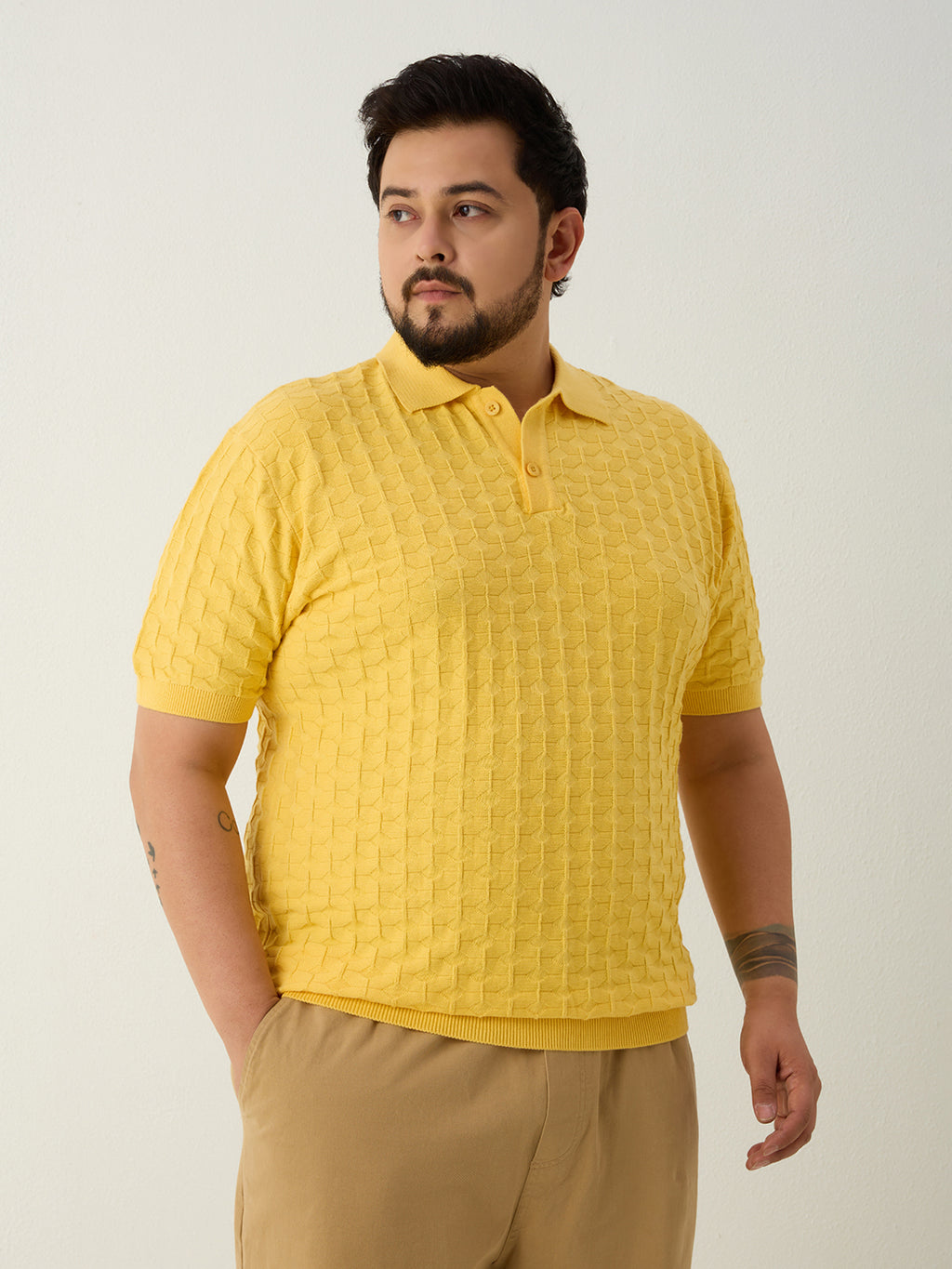 Flat Knit Half sleeve Polo Ribbed T Shirt - Yellow