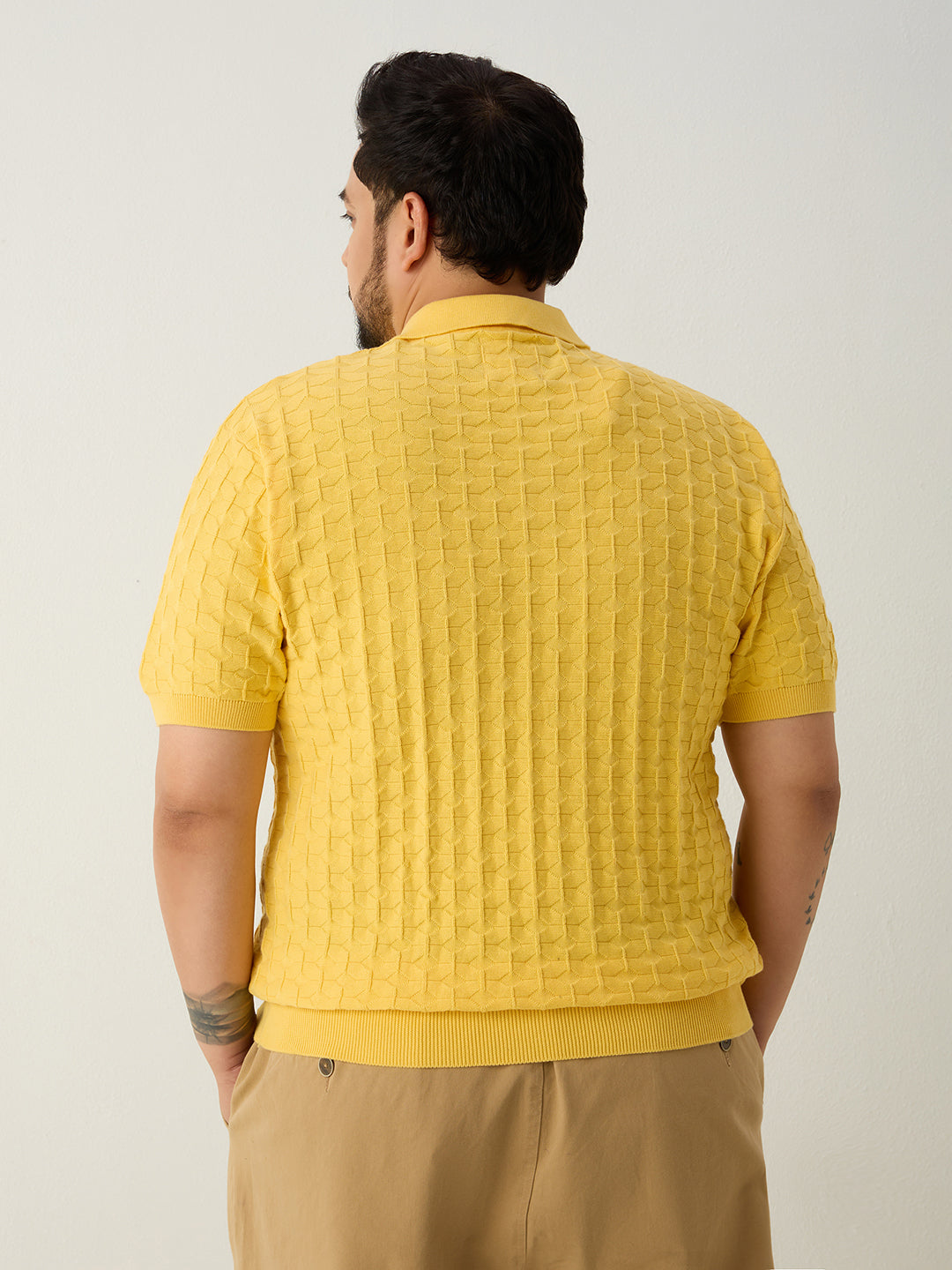 Flat Knit Half sleeve Polo Ribbed T Shirt - Yellow
