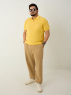 Flat Knit Half sleeve Polo Ribbed T Shirt - Yellow