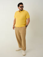 Flat Knit Half sleeve Polo Ribbed T Shirt - Yellow