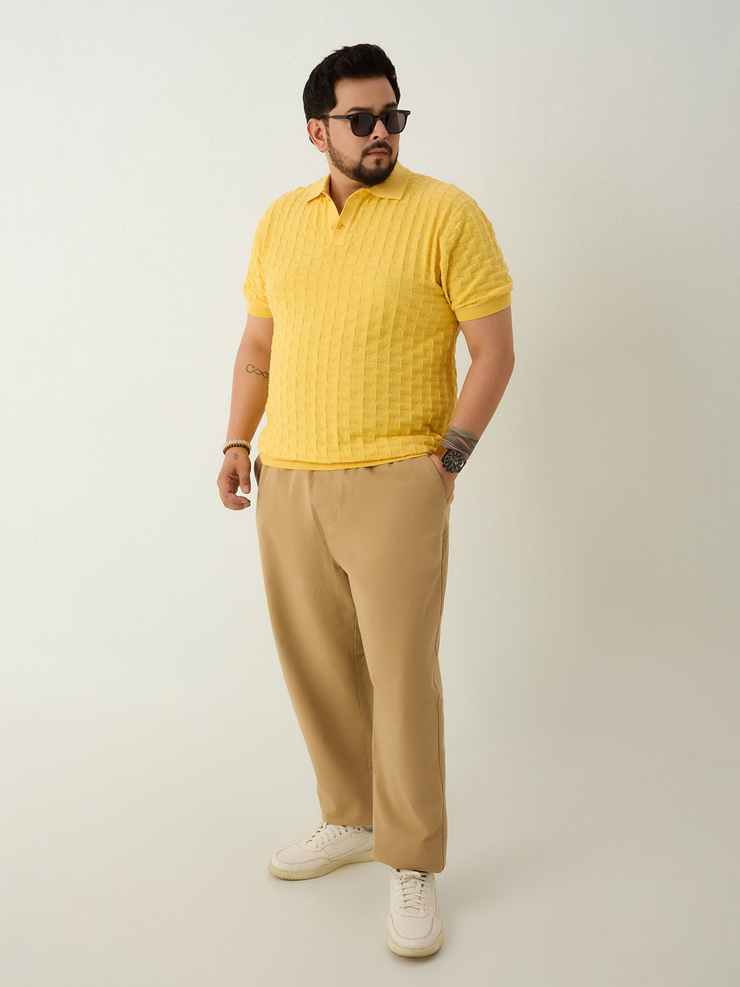 Flat Knit Half sleeve Polo Ribbed T Shirt - Yellow