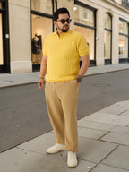 Flat Knit Half sleeve Polo Ribbed T Shirt - Yellow