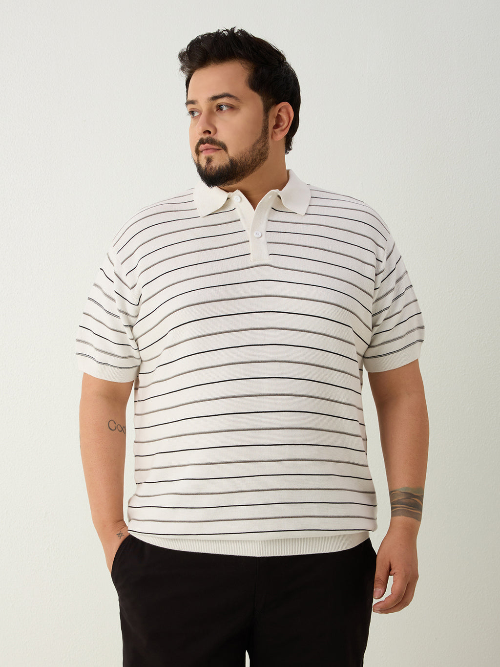 Flat Knit Half sleeve Polo Ribbed T Shirt - White