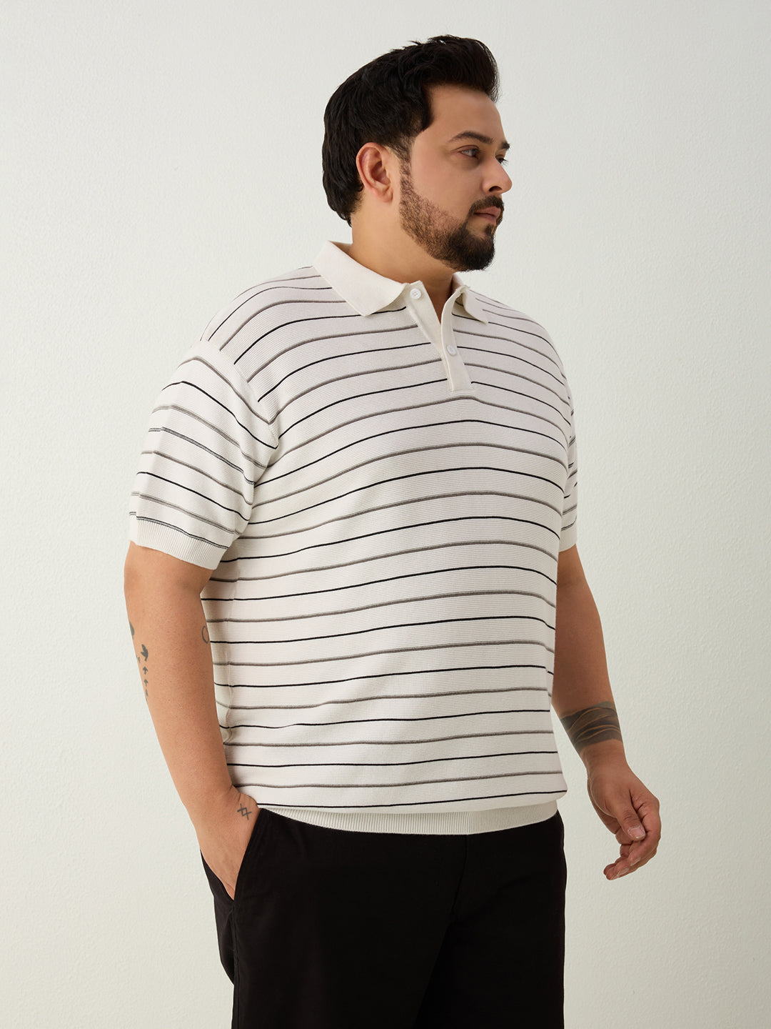Flat Knit Half sleeve Polo Ribbed T Shirt - White