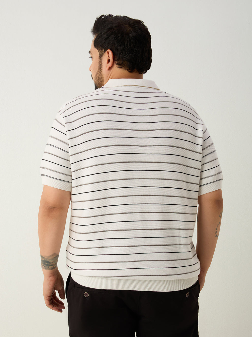 Flat Knit Half sleeve Polo Ribbed T Shirt - White