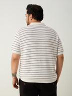 Flat Knit Half sleeve Polo Ribbed T Shirt - White