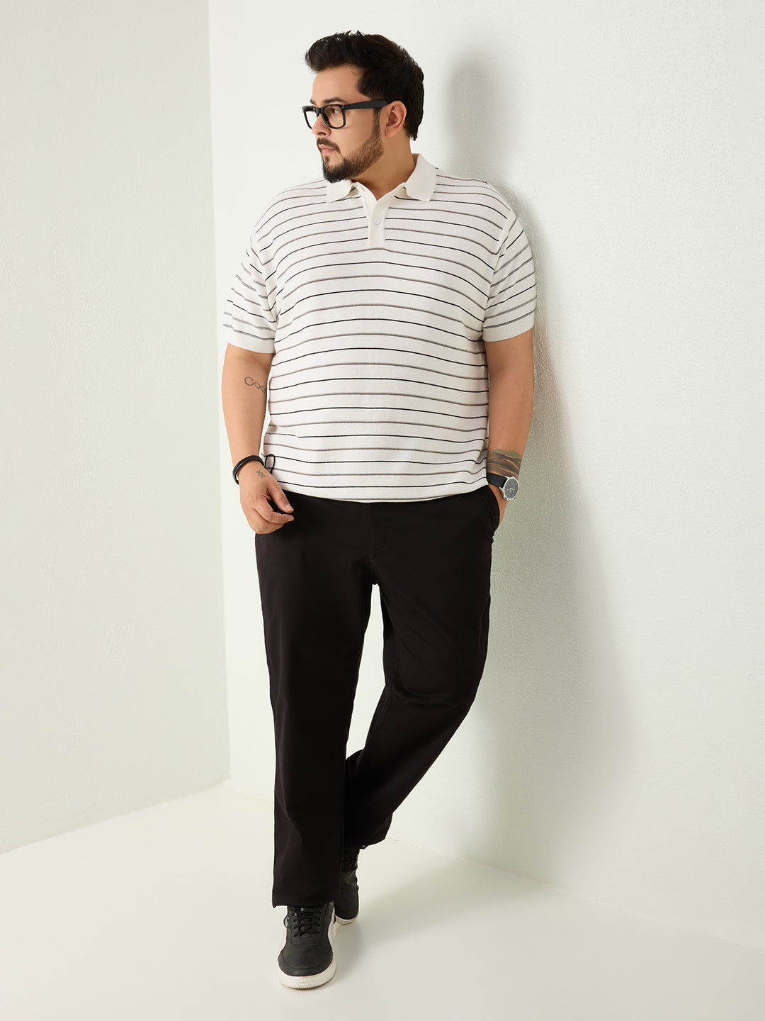 Flat Knit Half sleeve Polo Ribbed T Shirt - White