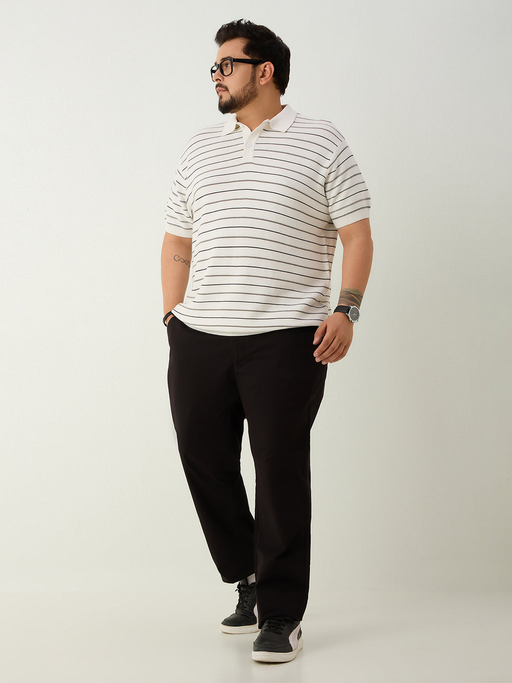 Flat Knit Half sleeve Polo Ribbed T Shirt - White