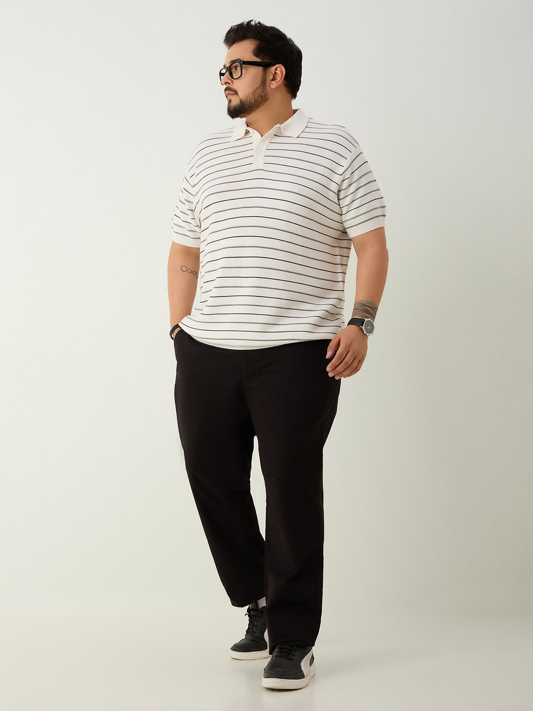 Flat Knit Half sleeve Polo Ribbed T Shirt - White