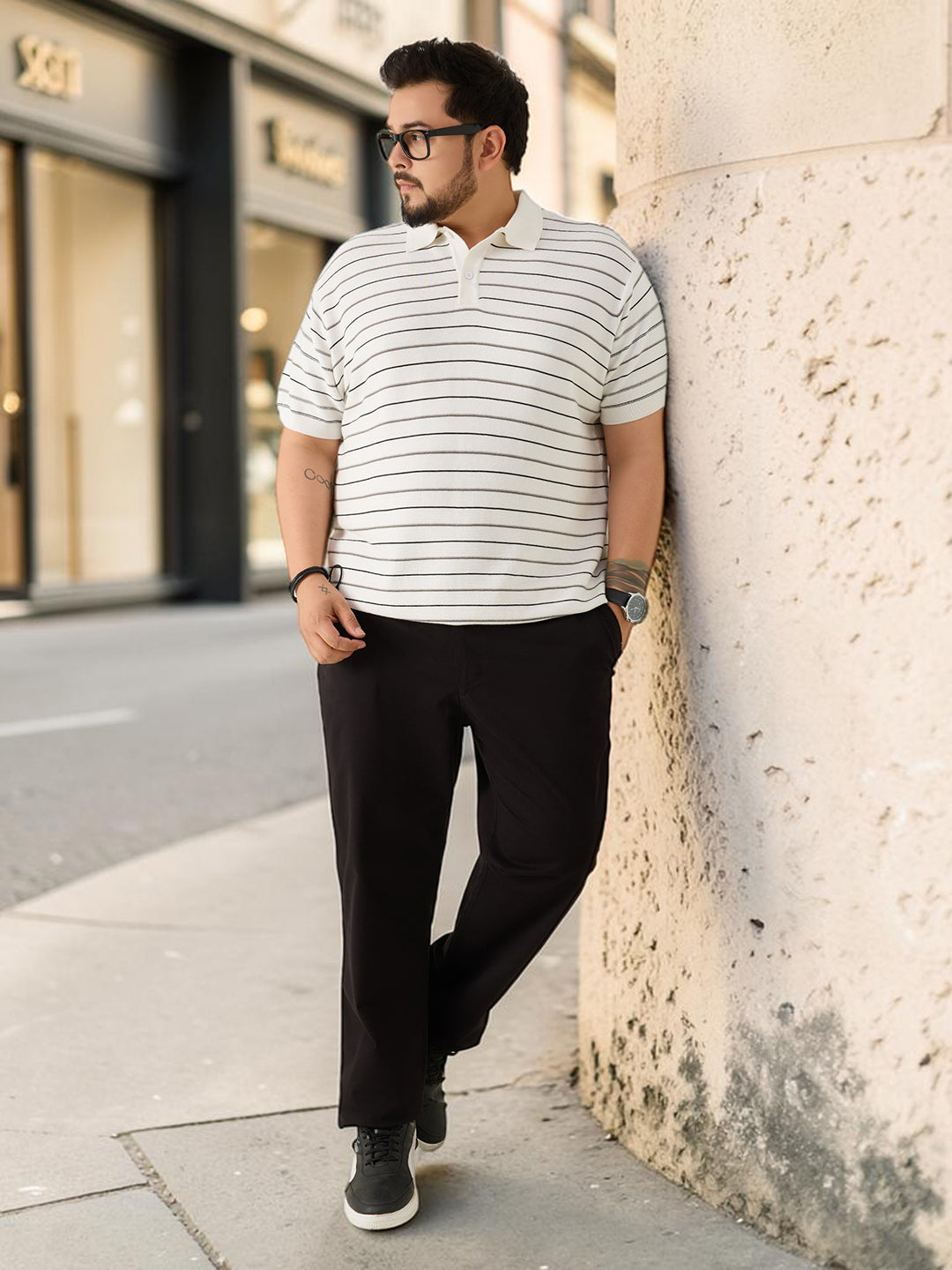 Flat Knit Half sleeve Polo Ribbed T Shirt - White