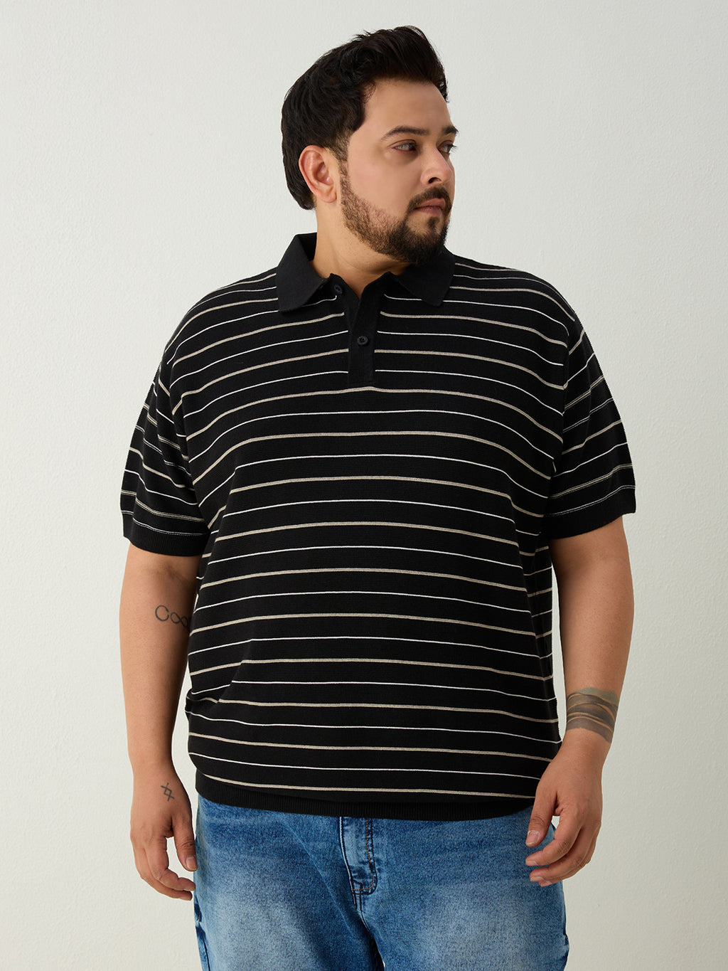 Flat Knit Half sleeve Polo Ribbed T Shirt - Black
