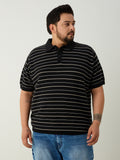 Flat Knit Half sleeve Polo Ribbed T Shirt - Black