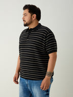 Flat Knit Half sleeve Polo Ribbed T Shirt - Black
