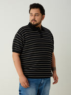 Flat Knit Half sleeve Polo Ribbed T Shirt - Black