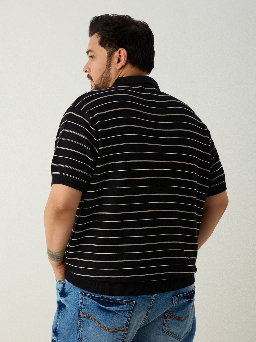 Flat Knit Half sleeve Polo Ribbed T Shirt - Black
