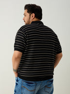 Flat Knit Half sleeve Polo Ribbed T Shirt - Black