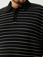 Flat Knit Half sleeve Polo Ribbed T Shirt - Black