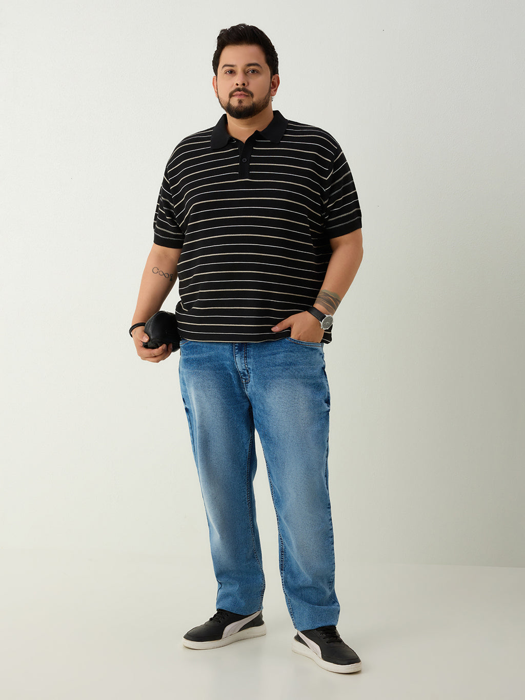 Flat Knit Half sleeve Polo Ribbed T Shirt - Black