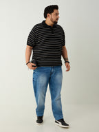 Flat Knit Half sleeve Polo Ribbed T Shirt - Black