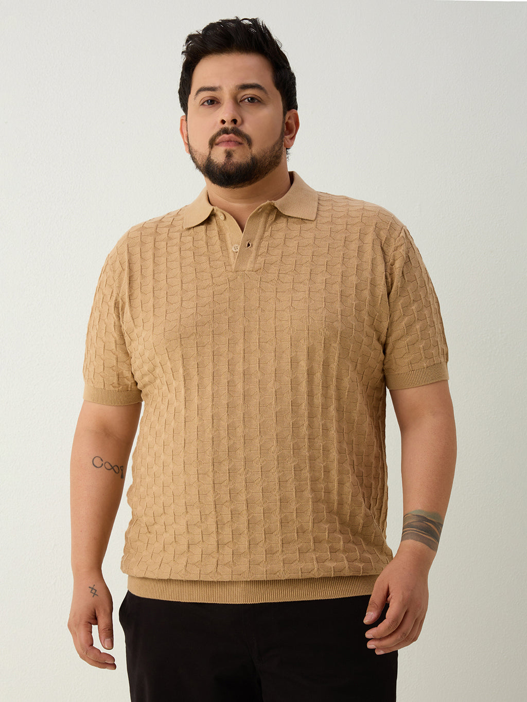 Flat Knit Half sleeve Polo Ribbed T Shirt - Beige