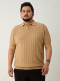Flat Knit Half sleeve Polo Ribbed T Shirt - Beige