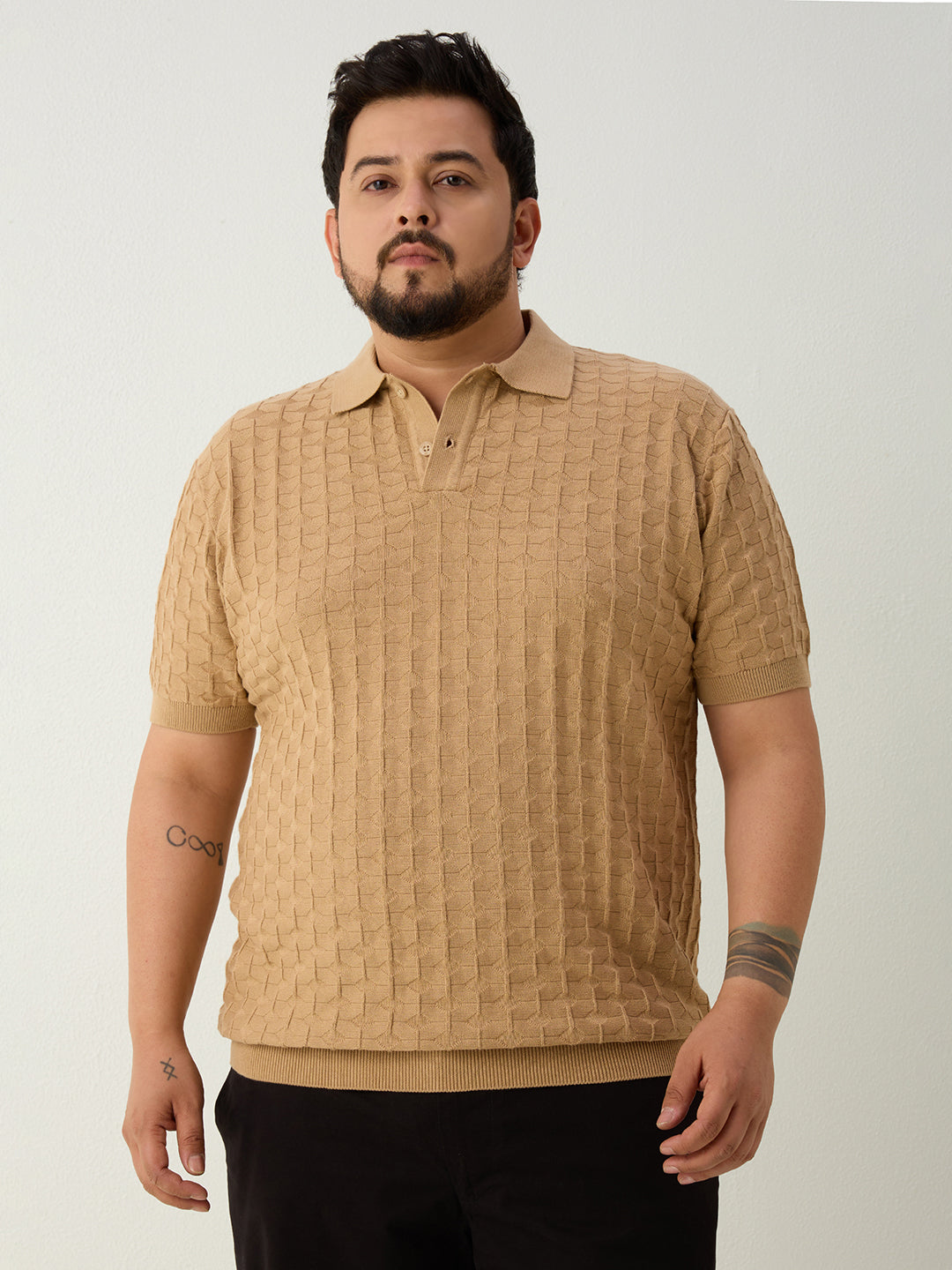 Flat Knit Half sleeve Polo Ribbed T Shirt - Beige