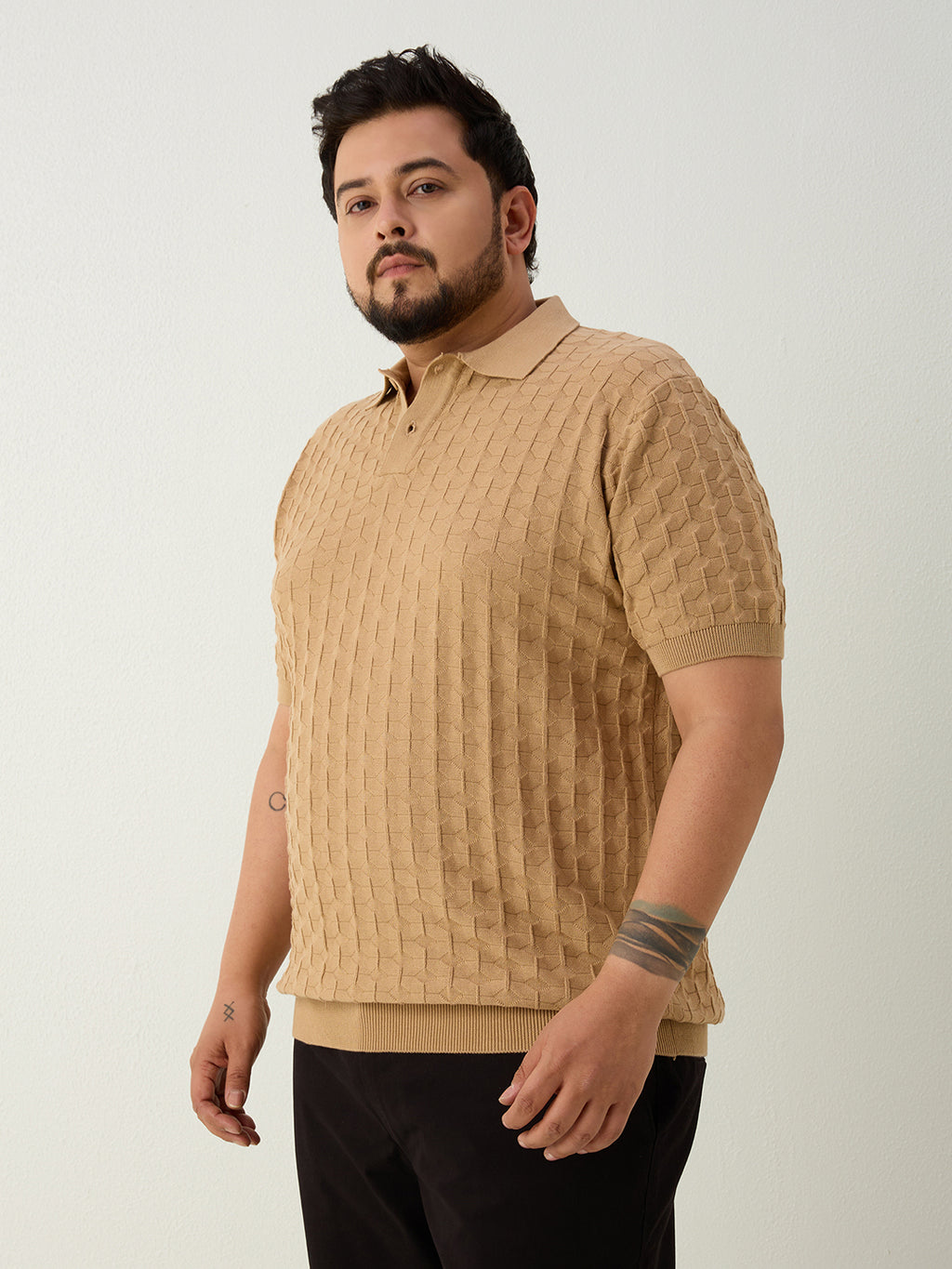 Flat Knit Half sleeve Polo Ribbed T Shirt - Beige