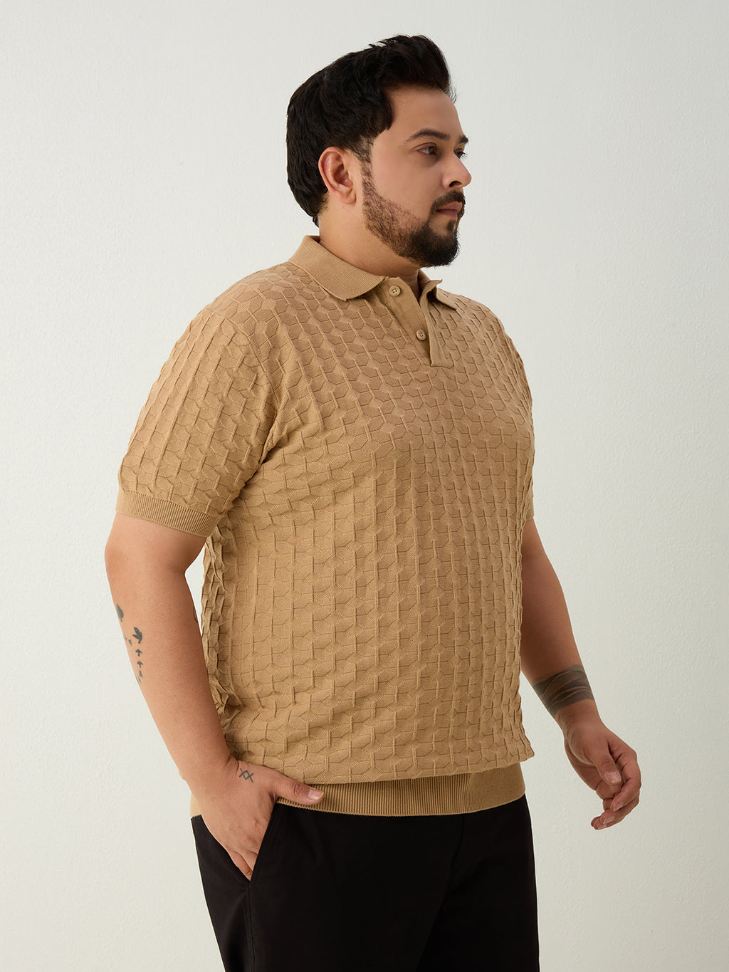 Flat Knit Half sleeve Polo Ribbed T Shirt - Beige