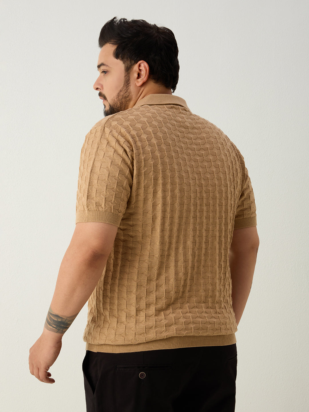 Flat Knit Half sleeve Polo Ribbed T Shirt - Beige
