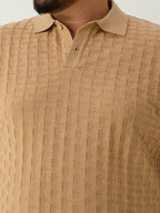 Flat Knit Half sleeve Polo Ribbed T Shirt - Beige