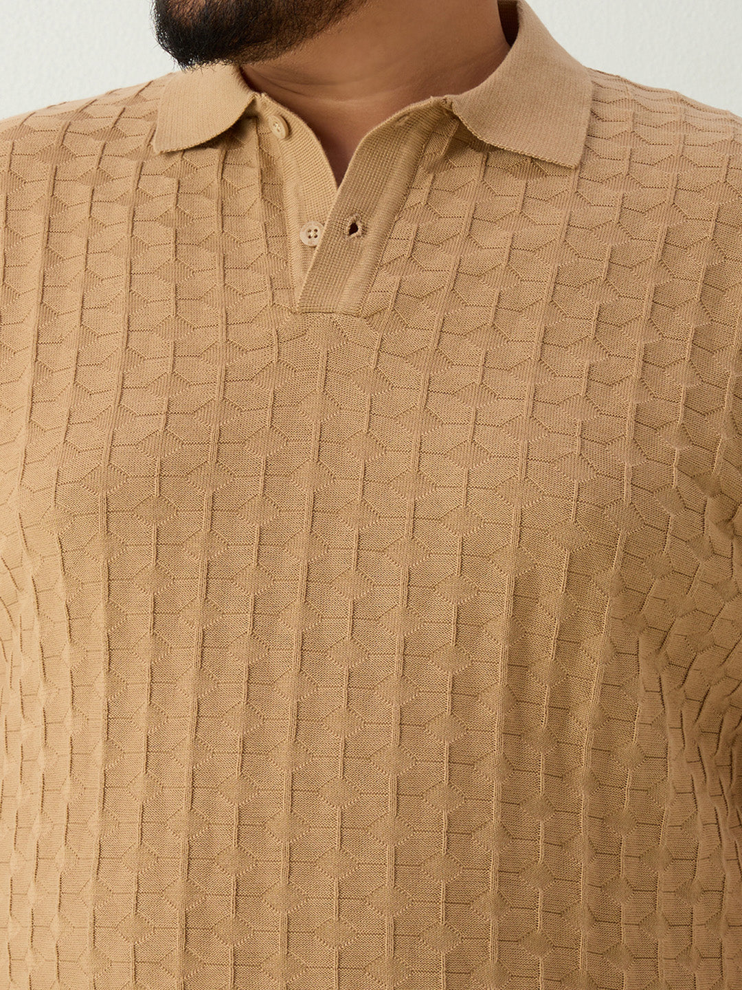 Flat Knit Half sleeve Polo Ribbed T Shirt - Beige