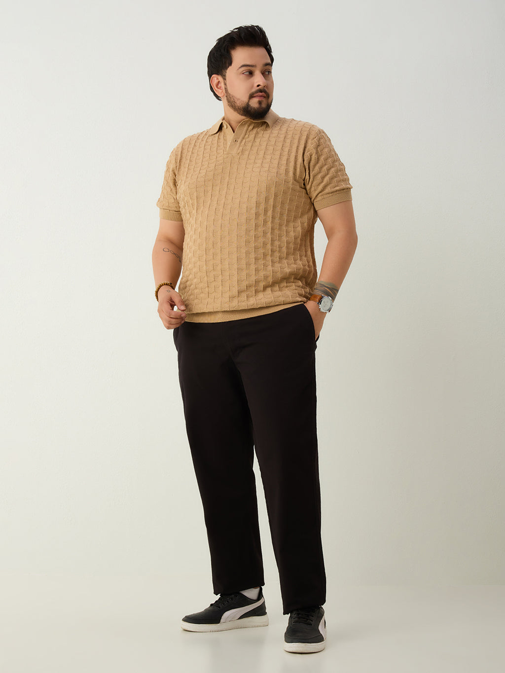 Flat Knit Half sleeve Polo Ribbed T Shirt - Beige