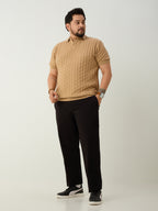 Flat Knit Half sleeve Polo Ribbed T Shirt - Beige
