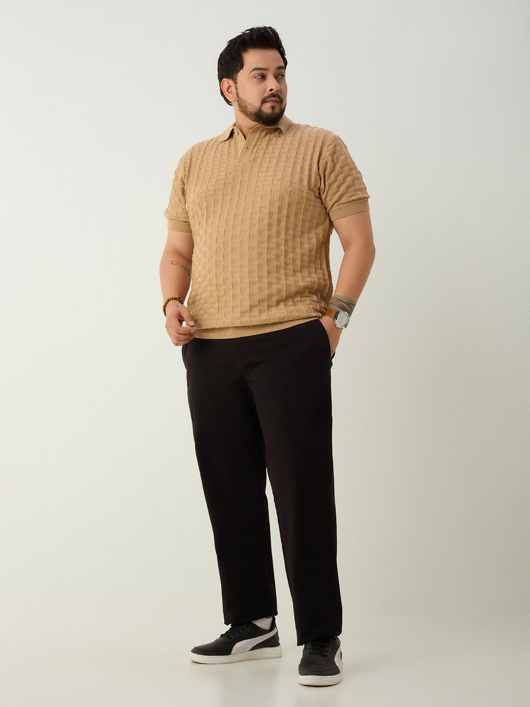Flat Knit Half sleeve Polo Ribbed T Shirt - Beige