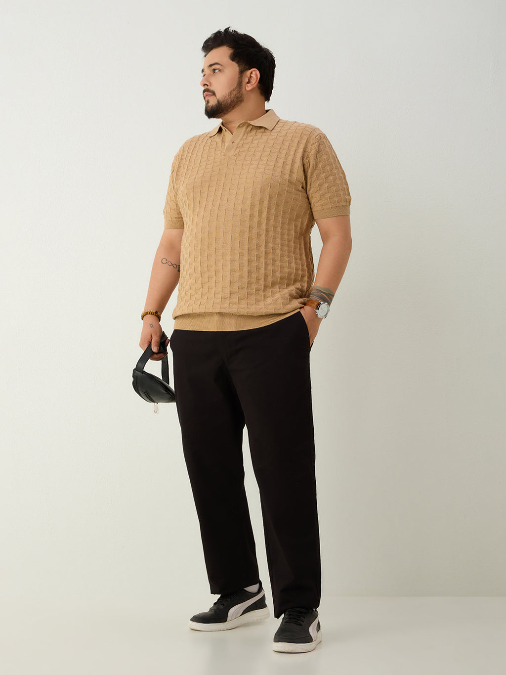 Flat Knit Half sleeve Polo Ribbed T Shirt - Beige