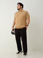 Flat Knit Half sleeve Polo Ribbed T Shirt - Beige
