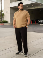 Flat Knit Half sleeve Polo Ribbed T Shirt - Beige