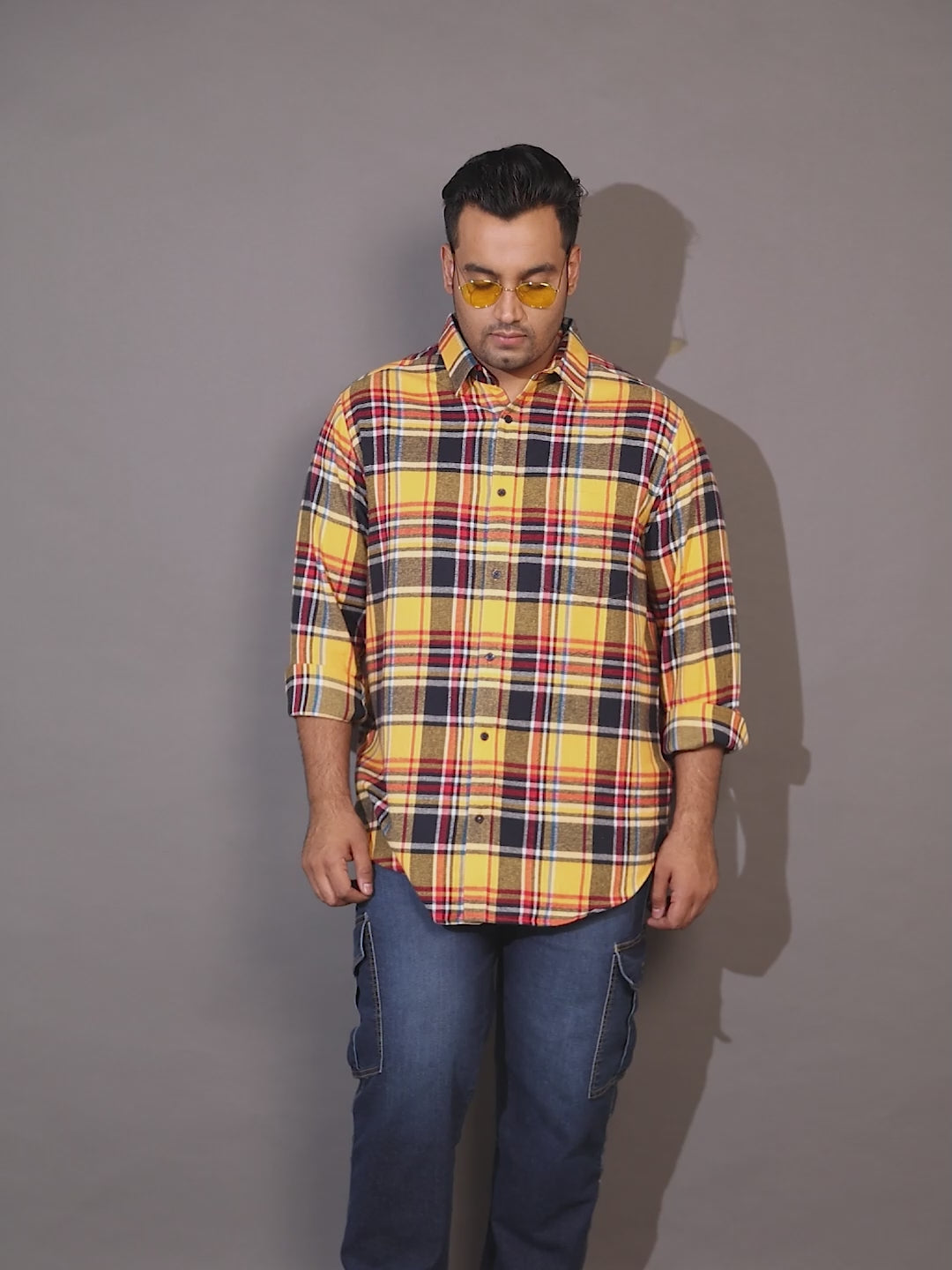 Plus Size Brushed Pure Cotton Regular Fit Checked One Pocket Smart Casual Long Sleeve Shirt NC-FS-2K51