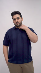Flat Knit Half sleeve Polo Ribbed T Shirt - NC-Plus-125-Navy
